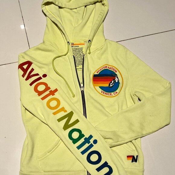 Aviator Nation Zip-Up Logo Neon Yellow Hoodie Sweatshirt - Picture 2 of 2